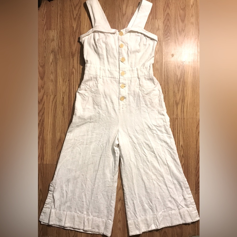 Anthropologie Linen Knit Romper Jumpsuit Size 14 Ivory Wide Leg Button Up